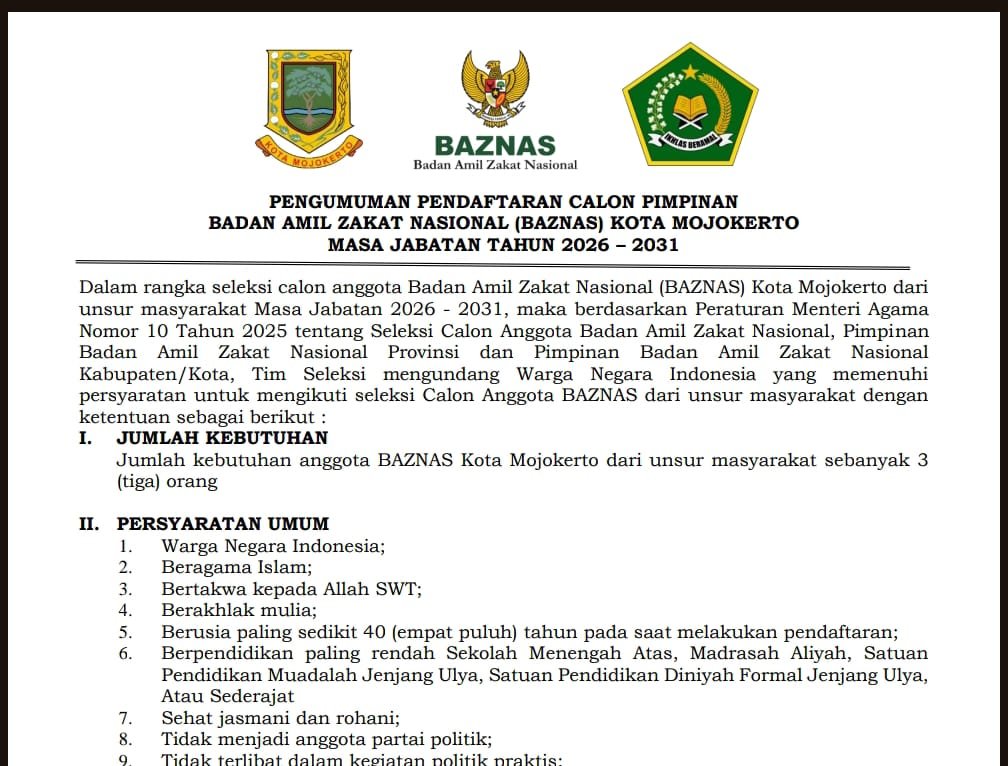 IMG-20251025-WA0072 Dibuka Seleksi Calon Pimpinan BAZNAS Kota Mojokerto Periode 2026–2031
