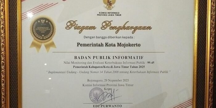 Kota Mojokerto Kembali Raih Penghargaan Badan Publik Informatif, Skor Hampir Sempurna 99,45