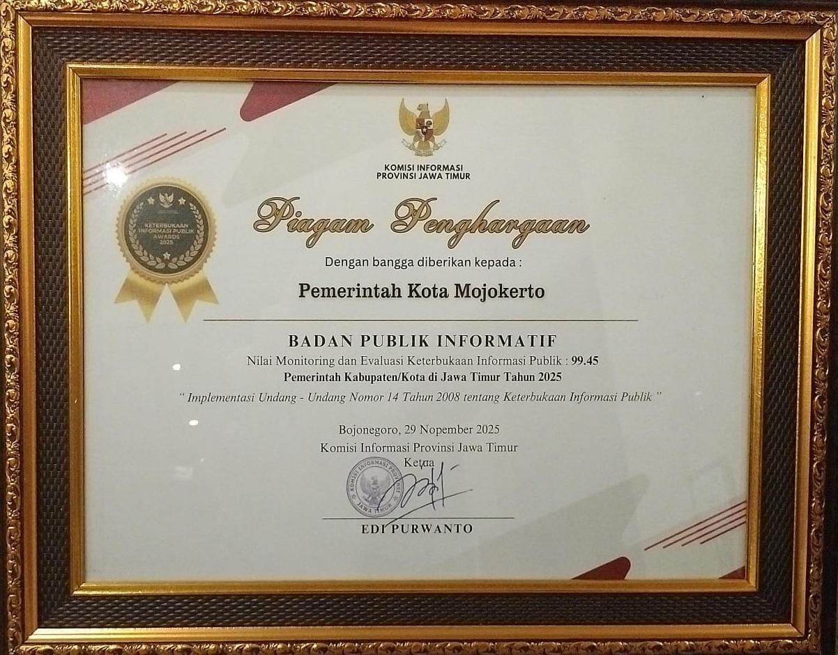 Kota Mojokerto Kembali Raih Penghargaan Badan Publik Informatif, Skor Hampir Sempurna 99,45